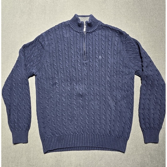 IZOD Cable Knit Sweater‎ Navy Blue 1/4 Zip Pullover 100% Cotton Mens Size Medium - Picture 1 of 7
